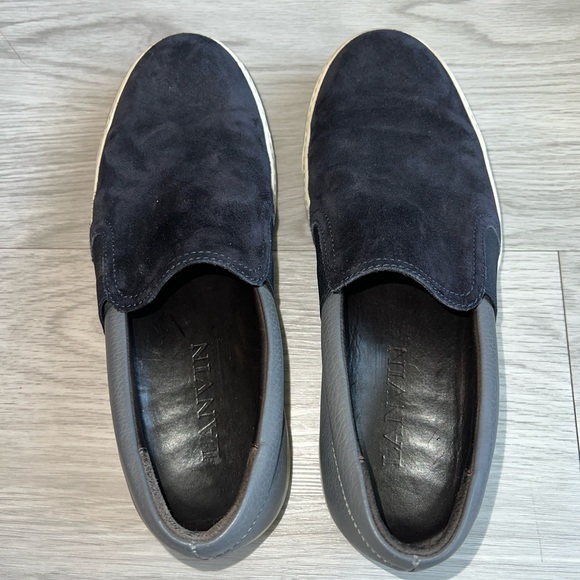 Lanvin Navy Blue Suede Top Slip On Sneakers Mens 8 White Flat Rubber Sole - Picture 1 of 8